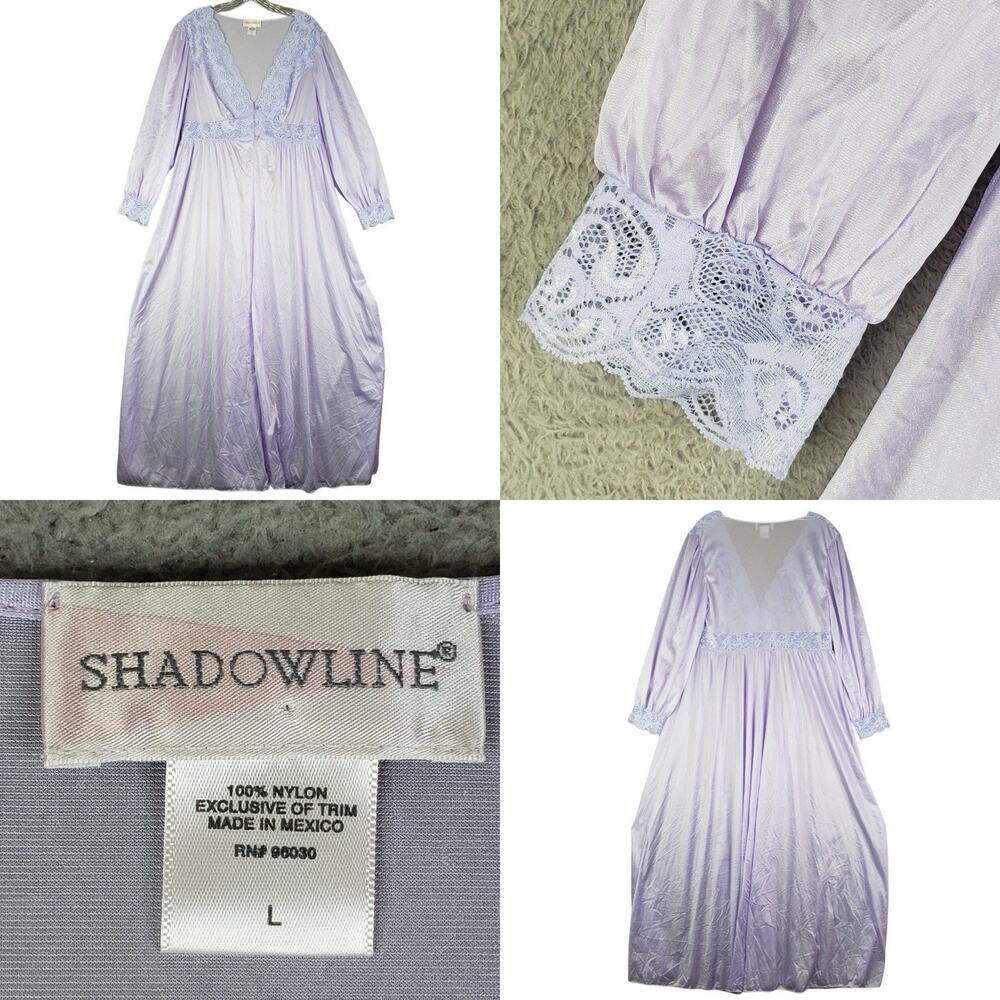 Vtg Shadowline Peignoir Robe Size Large Nylon Lavender Purple Lace Cottagecore